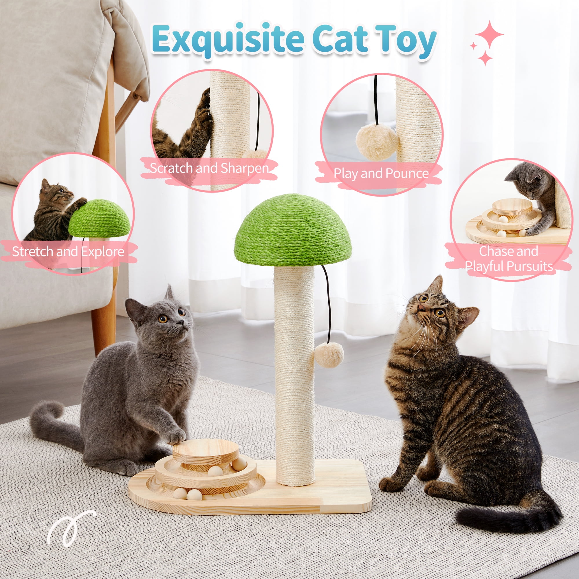 Made4Pets Cat Scratching Post Wood Scratch with Interactive Track Ball Toy, Sisal Ropes and Dangling Cat Toy 20", Green