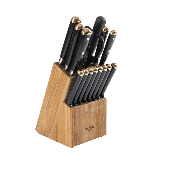 Martha Stewart 16 Piece Lockton High Carbon Stainless Steel Cutlery Kitchen Knife Block Set W/ABS Tripe Riveted Forged Handle Acacia Wood Block - Black W/Gold