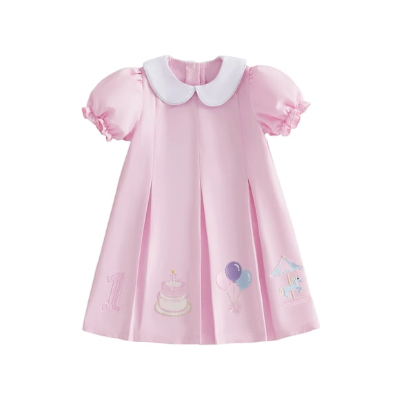 BemeyourBBs Kids Toddler Girls Pink Birthday Day Dress Outfit 1 2 3 4 5 6 Years Old Birthday Summer Clothes Little Girl Puff Short Sleeve Doll Collar Carousel Balloon Cake Embroidery Dress