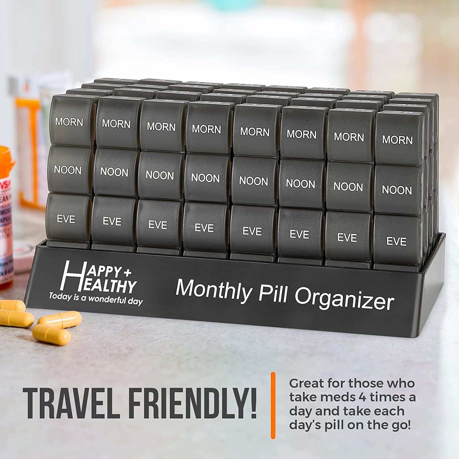 MEDca Monthly Pill Organizer - 4 Times Daily, 32 Large Pill Cases