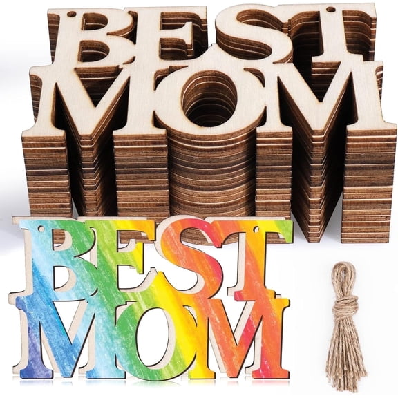 20Pcs Best MOM Unfinished Wood Crafts, Mothers Day Crafts for Kids Painting, Wood Cutouts to Paint, Wooden Letters Ornaments for Mother's Day Gifts,Mo