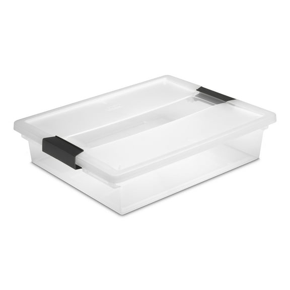 Sterilite Large Clip Box, Clear Plastic Storage Bin with Latching Lid, Holds Letter-Sized Paper, Black
