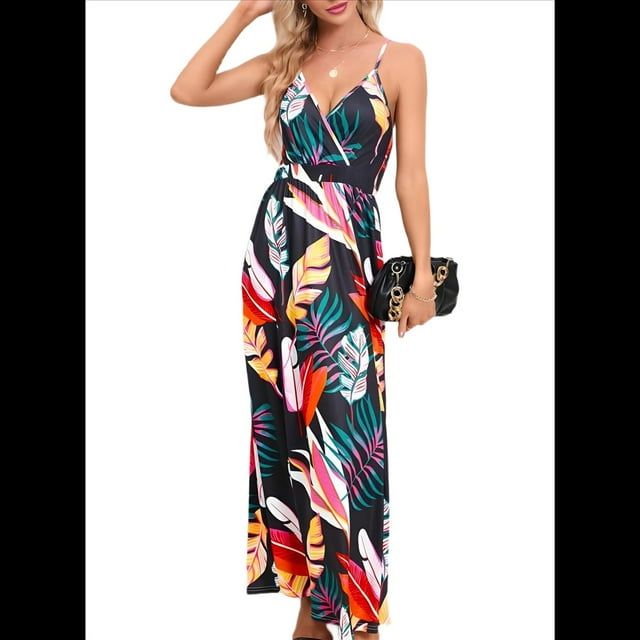 Vestido de Verano 2025 para Mujer, con Estampado Floral, Lazo Frontal, Tirantes Finos, Informal, Bohemio, para Playa, Suelto, Negro, Talla L
