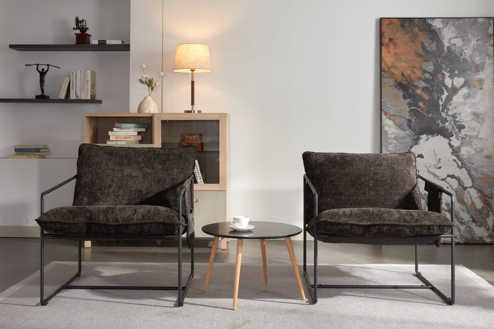 Aukfa Set of 2 Upholstered Sling Accent Chairs, Hanging Armchairs with Arm Pocket, Metal Frame & Crushed Foam Cushions for Living Room/Bedroom, Dark Gray