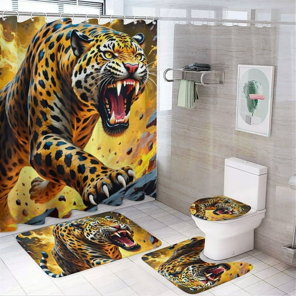 Leopard Print Shower Curtain Set 4-Set Jungle Animal Theme Bathroom Decor Set Includes Floor Mat ,Toilet Cover Mat ,U-Mat ,Shower Curtain with 12 Hooks,72inx72in