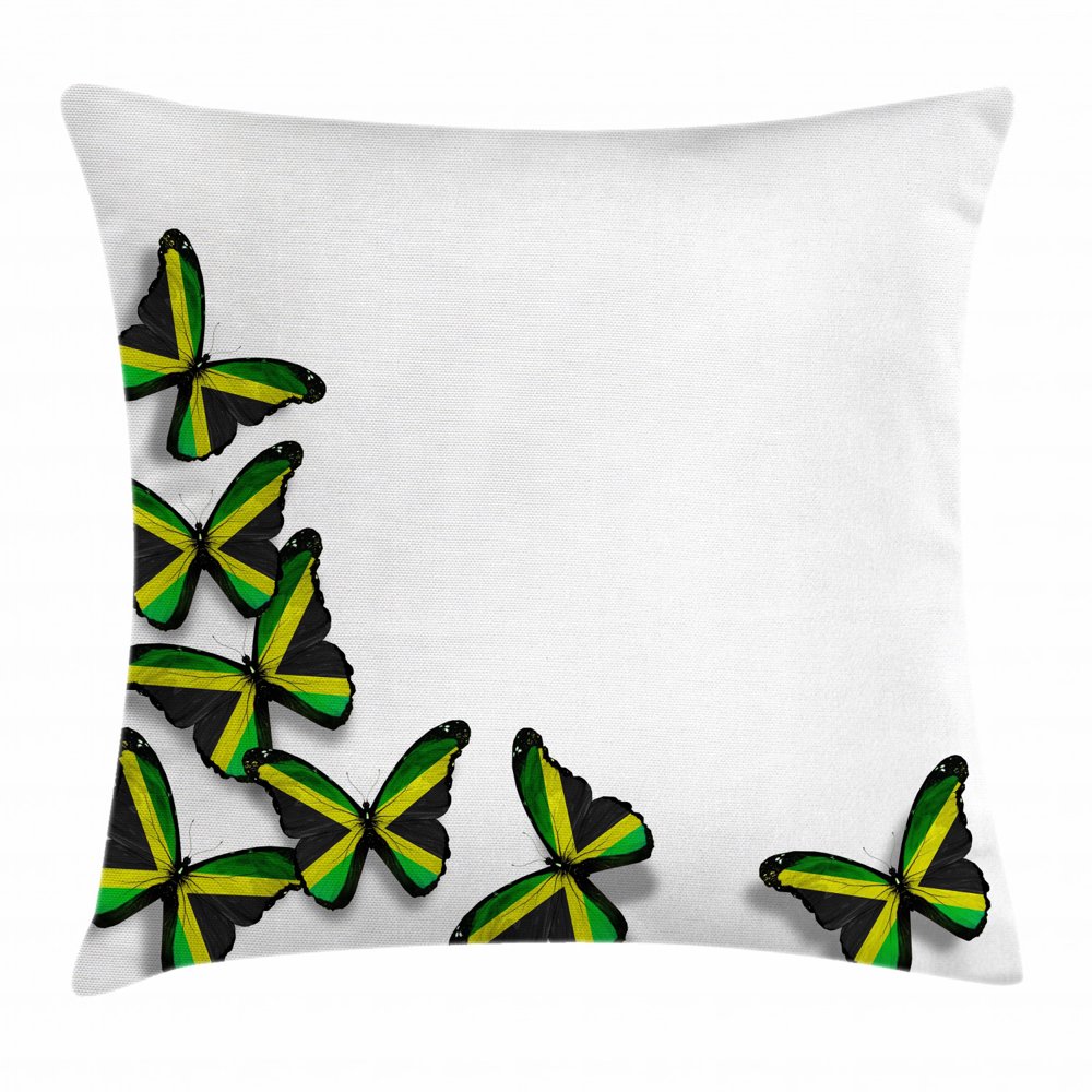 Jamaican Throw Pillow Cushion Cover, Buterflies Flag Motifs Caribbean Animal Illustration Rasta