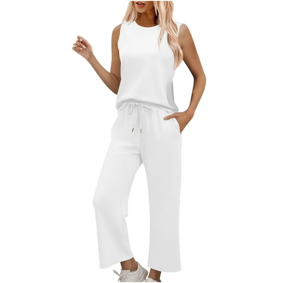 Beach Pants Set for Women New Women Solid Two Piece Sets for Women Summer Vacation Travel Outfits Round Neck Lounge Matching Sets White M