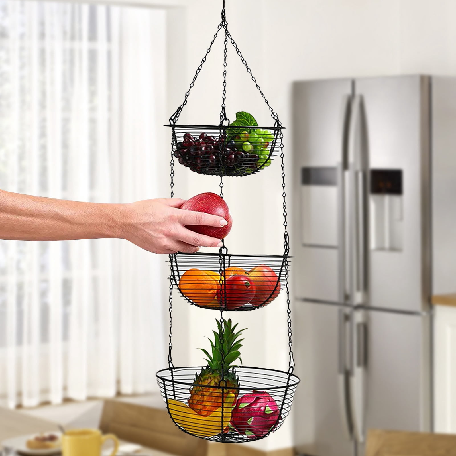 LYINGF 3 Tier Hanging Kitchen Black Fruit Basket,Farmhouse Wire Basket, Three Tier Fruit Basket for Kitchen for Vegetables, Bread & More, Metal Chain, Hanging Hook and Detachable Round Wire Baskets