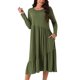thumbnail image 1 of Vestido midi de mujer Inspire Chic de manga larga de otoño, cuello redondo, casual, suelto, con pliegues y capas, con bolsillos en color verde ejército, 1 of 5