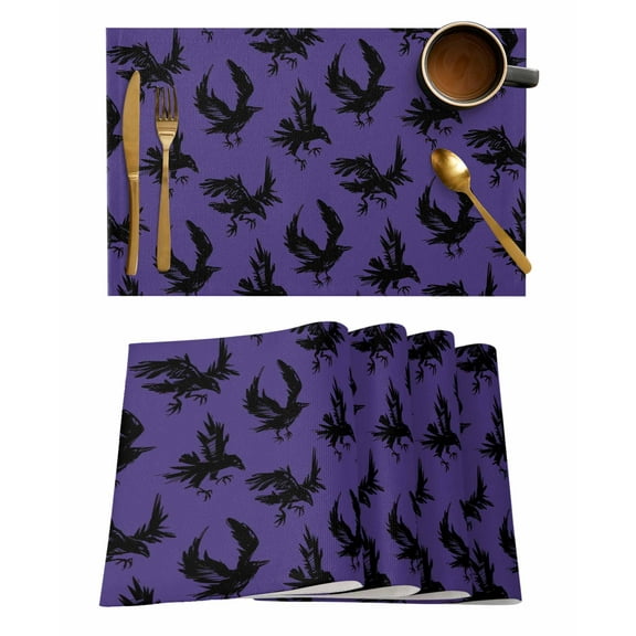 Halloween Crow Placemats Set of 2 Black Crow Vintage Purple Decoration Heat Insulation Washable Place Mats, Rustic Non-Slip Table Mats for Dining Table Party Kitchen Decor,13x19 Inch