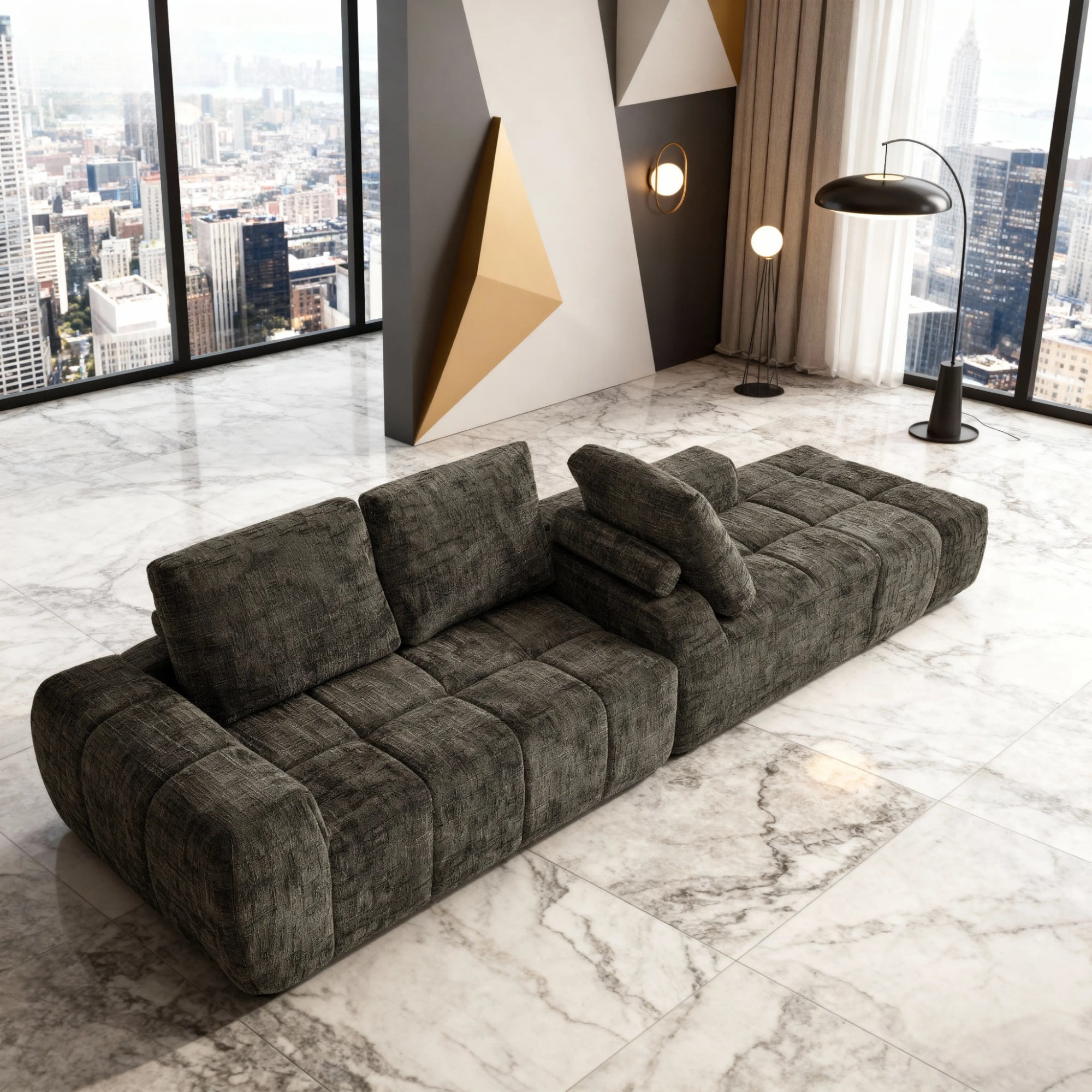 Gewnee Brown L-Shaped Sectional Sofa, High-Quality Chenille Fabric with High-Density Sponge, for Living Room