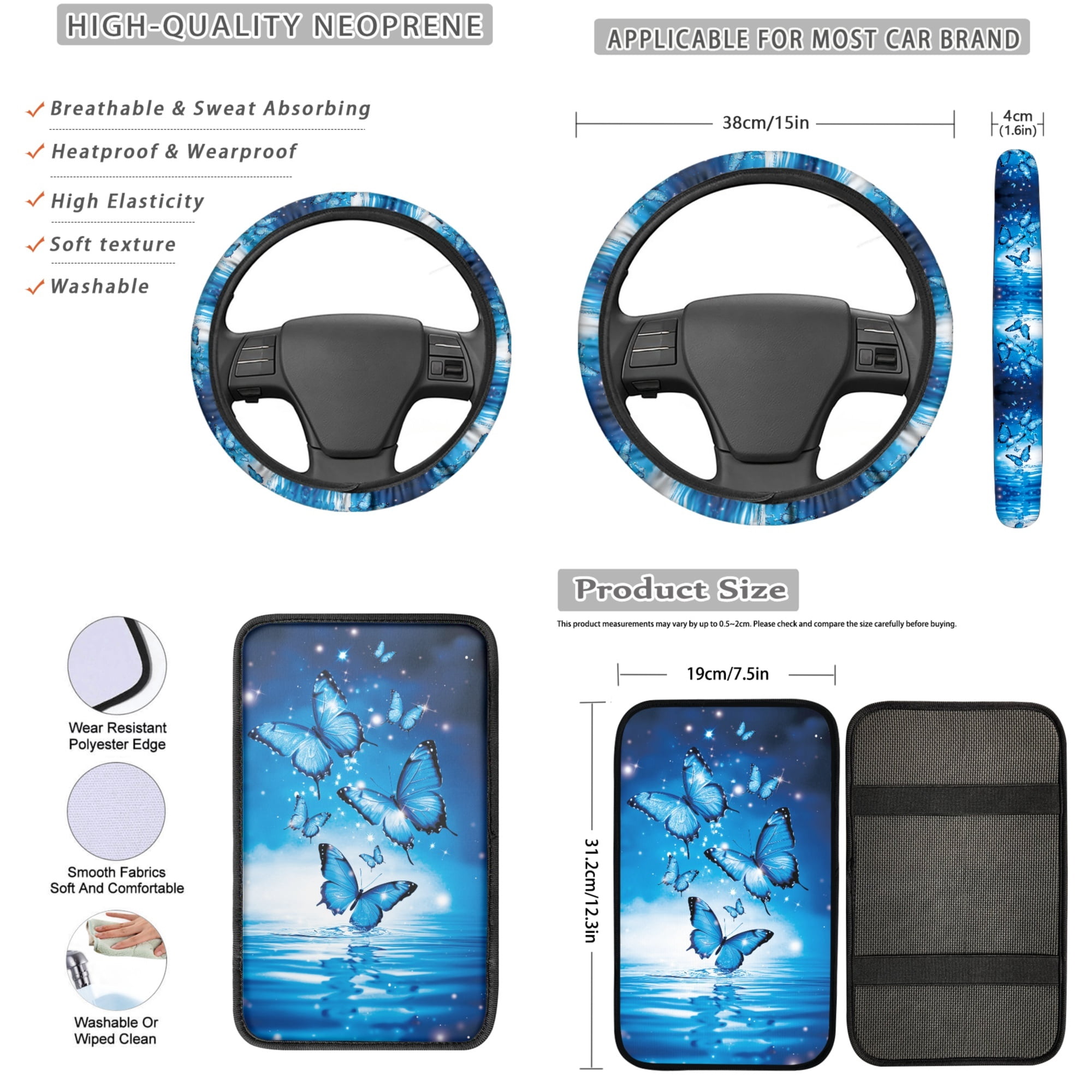 Jeiento Sparkling Butterfly Car Seat Cover Full Set with Steering Wheel Cover Seat Belt Strap Pads Armrest Pad Coasters Keychain Lipstick Holder Blue 13 PCS Automobile Accessory Interior Decor