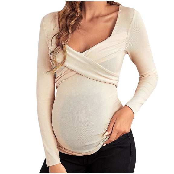 Ezubbcny Fall Pregnancy Clothes for Women Casual V Neck Solid Color Stretchy Pregnancy Top Long Sleeve Pullover Blouses Loose Soft Breathable Maternity Clothes Outfits