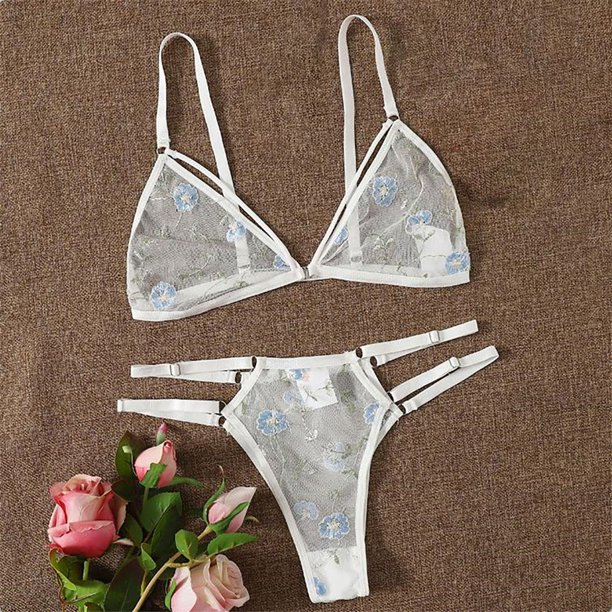 Homely Women's Valentine's Day Bodysuit Lingerie Women's Sexy Three Point  Embroidery Flower Bra Panties Split Set Sexy Lingerie 