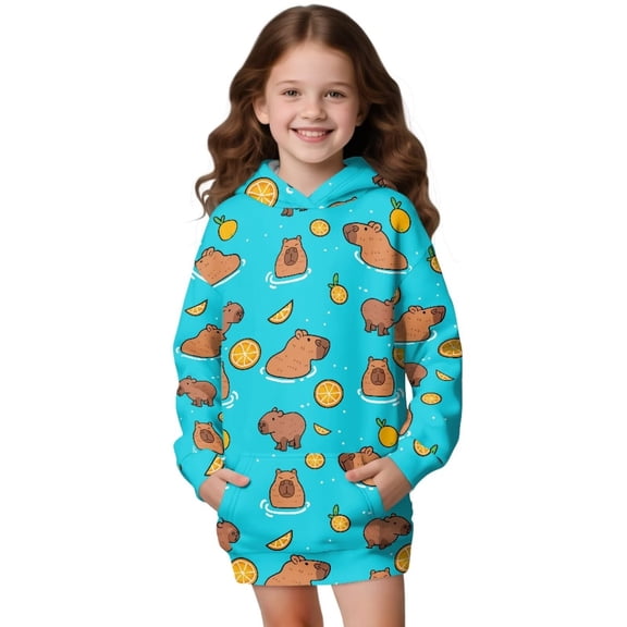 Xoenoiee Capybara Lemon Print Girls Fleece Pullover Long Hoodies Sweatshirt Casual Outwear Coat with Pockets, Oversized Hoodies Dress for Teen Girls Long Sleeve Pullover Tops, Size 5-6 Years