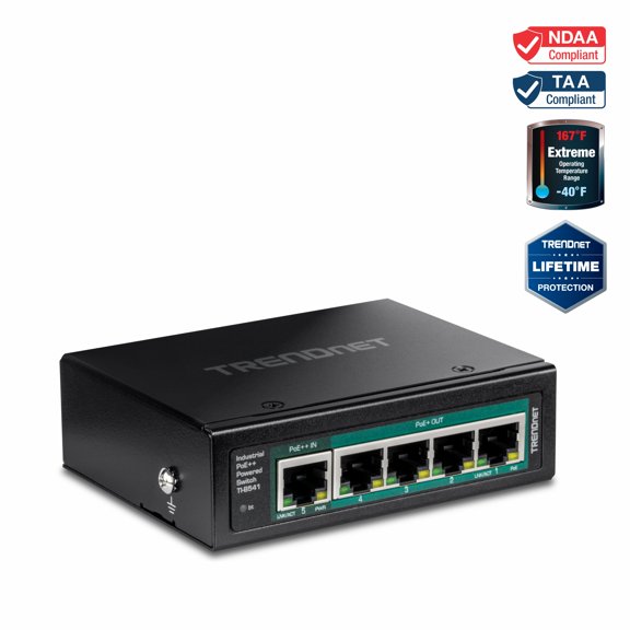 TRENDnet TI-B541 5-Port Industrial Gigabit PoE   Powered DIN-Rail Switch with PoE Pass-Through