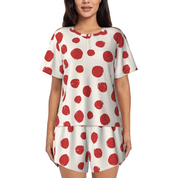 Fotbe Abstract Red Polka Dot Conjunto de Pijama Estampado para Mujer, 2 Piezas, Ropa de Dormir con Camiseta de Manga Corta y Shorts Suaves-X-Large