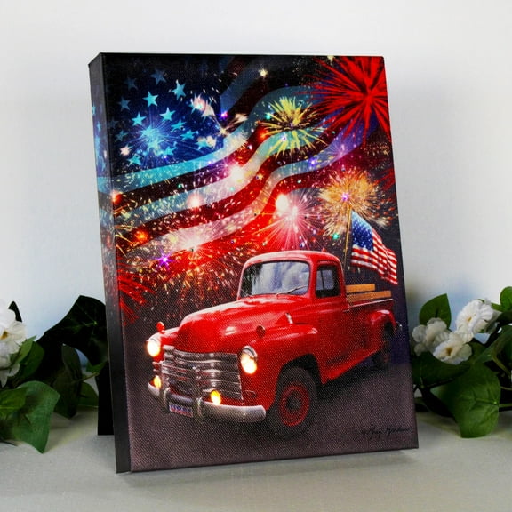 Crafted Creations LED Lighted Fireworks with Truck Patriotic Canvas Art - 6" x 8"