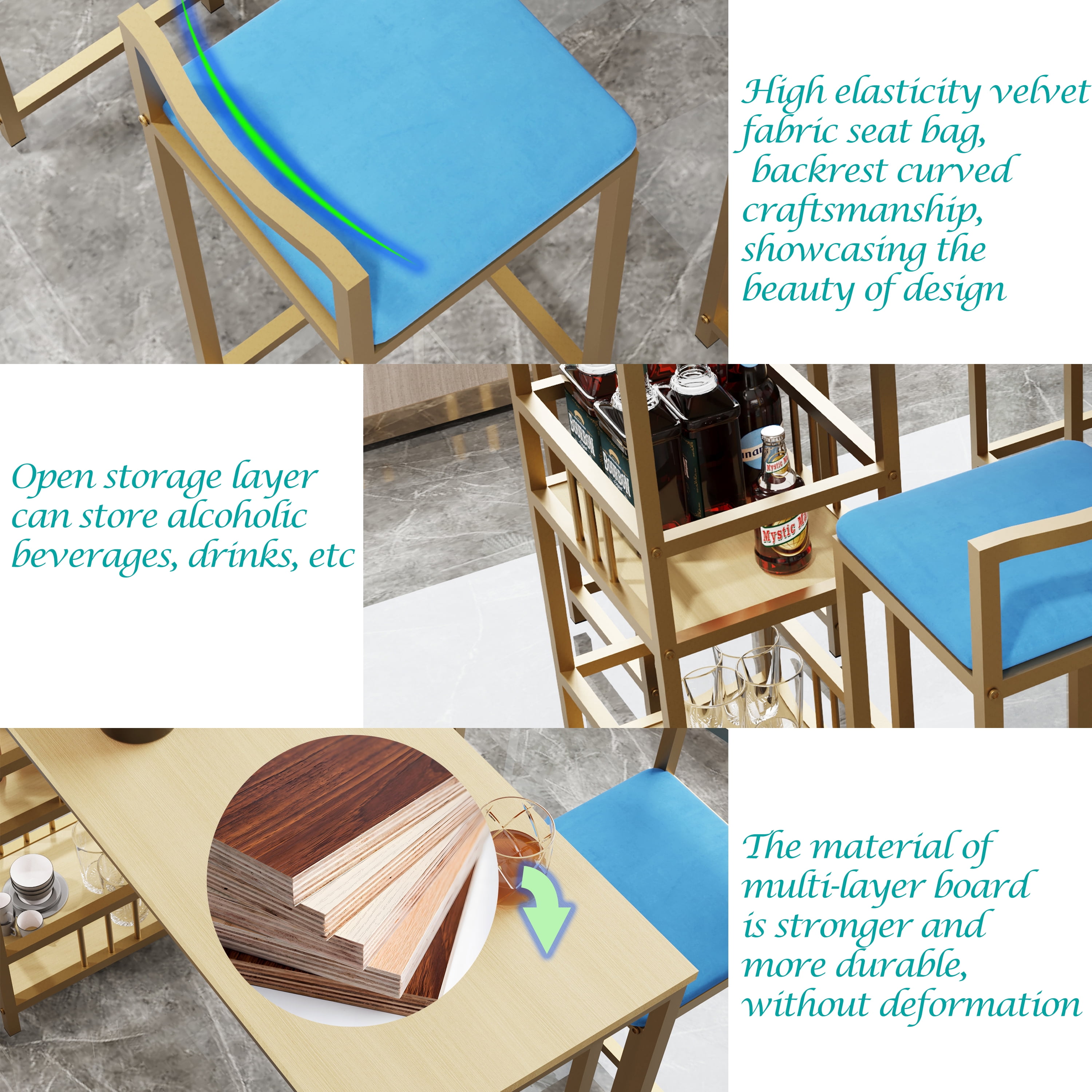 Aukfa 5 Pcs Dining Table Set, Bar Table and Chairs Set with storage cushions for Breakfast Kitchen Dining Room, Blue