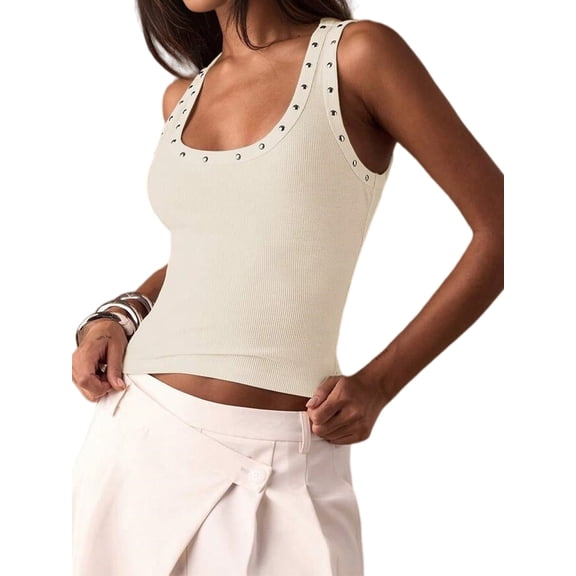 Women'S Studded Ribbed Knit Tank Top Square Neck Sleeveless Fitted Y2K Going Out Crop Tops Color XL
