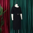 thumbnail image 4 of AURA Womens Pleated Midi Dress High Waist Belted A Line Crewneck Five Sleeve Elegant Summer Work Dress with Zipper, 4 of 10