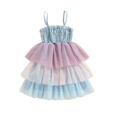 

Suanret Kids Girls Tulle Dress Summer Dress Sleeveless Contrast Color Tiered Tutu Dress Birthday Princess Dress Blue 4 Years