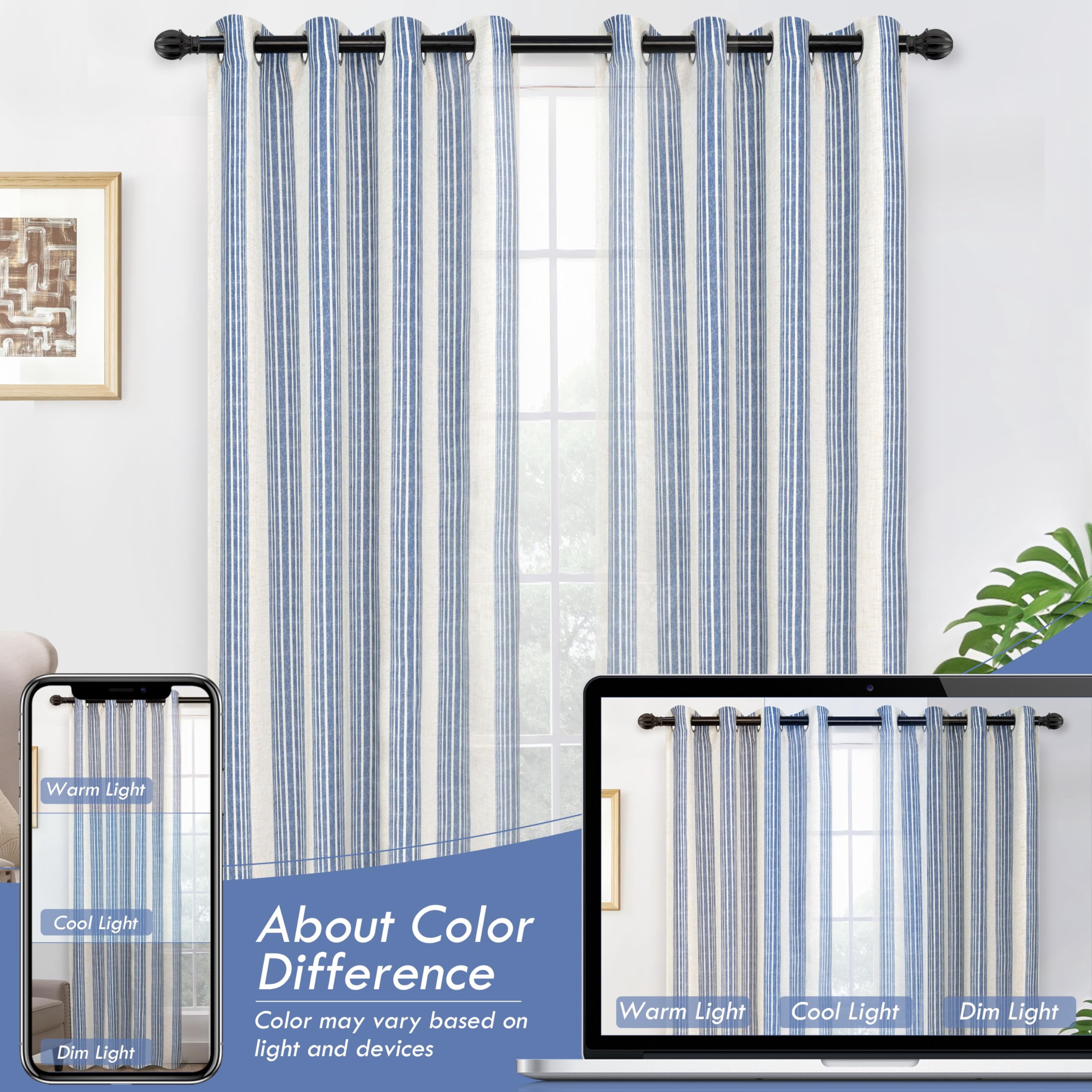 DriftAway Farmhouse Vertical Striped Linen Blend Textured Light Filtering Semi Sheer Curtains for Living Room Bedroom 84 Inches Long Drapes 2 Panels Broad Striped Jean Navy