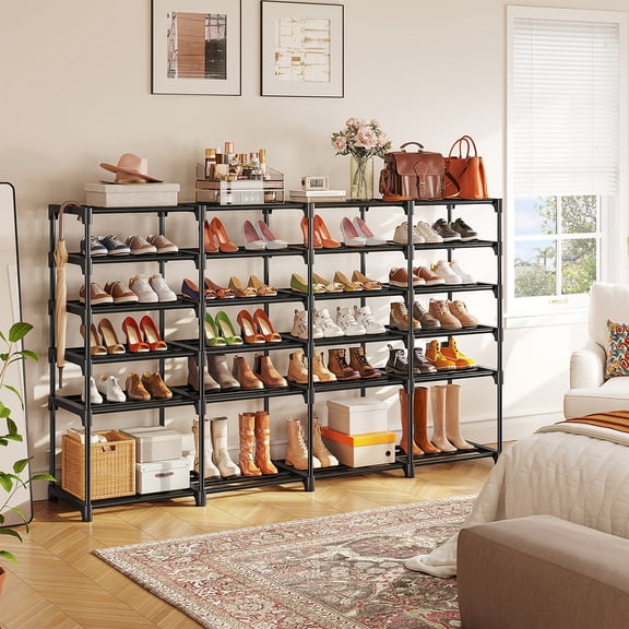 4 Rows 6 Tier Shoe Rack, Large Capacity Metal Shoe Shelf for Entryway, Closet and Bedroom