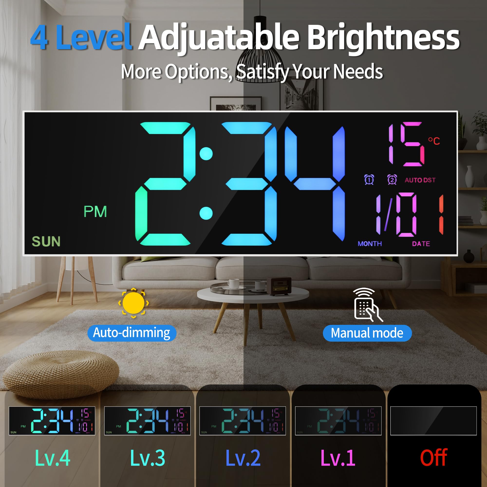 Mee 2ou 16" Large Digital Clock With Temperature, Date, Auto DST, Night Light, Auto Brightness Dimmer, 24/12-hour Wall Clock for Living Room Garage Office Classroom Gym Shop Decor
