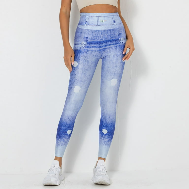 Frehsky leggings for women Women's Denim Print Jeans Look Like Leggings  Stretchy High Waist Slim Skinny Jeggings Light Blue