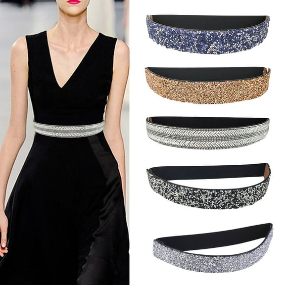 Eoperou Women Belt Adjustable Elastic Band Shiny Rhinestone Wide Anti-slip Clothes Matching Anti-break Tight Waist Dress Waistband Clothes Accessory