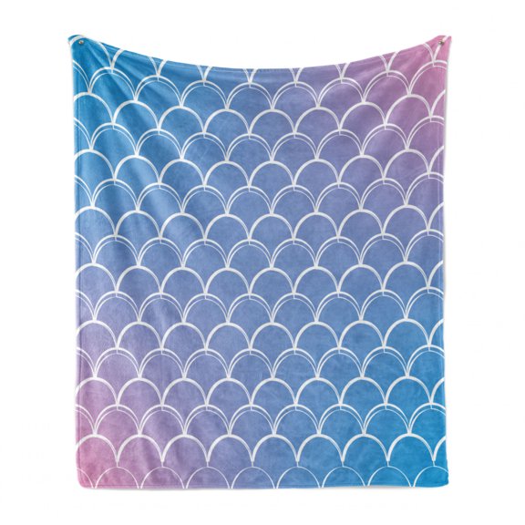 Abstract Art Soft Flannel Fleece Throw Blanket, Fish Skin Pattern Half Circles Geometric Mermaid Tail Pastel Tones, Cozy Plush for Indoor and Outdoor Use, 70" x 90", Pink and Azure Blue, by Ambesonne