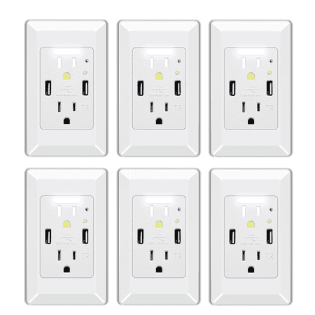 Night Light Outlet,NineLeaf 4.2A High Speed Duplex Receptacle with 2 USB Electrical ,Auto Nightlight Sensor and Wall Plates for Home Office Dorm Room,White,6 Pack