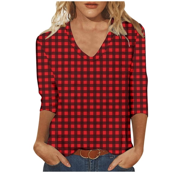 WRKEKC 3/4 Length Sleeve Womens Tops Plaid Print V Neck Loose Fit T Shirt Soft Fabric Comfortable Fit Daily Casual Outfit