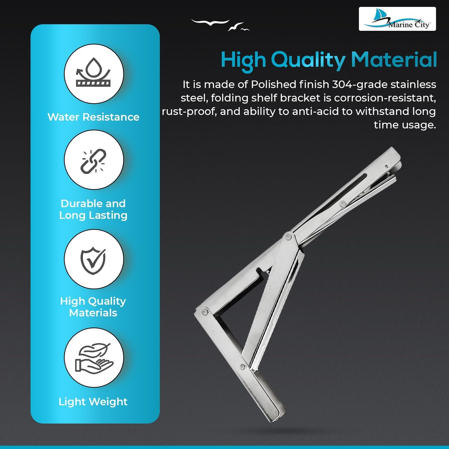 MARINE CITY Table Bracket Long Release Arm, 304 Stainless Steel Folding Shelf Bracket, 12-inch Arm, Supports 330LB, Space-Saving Design, Ideal for Tables, Shelves, Storage Racks Pack of 1