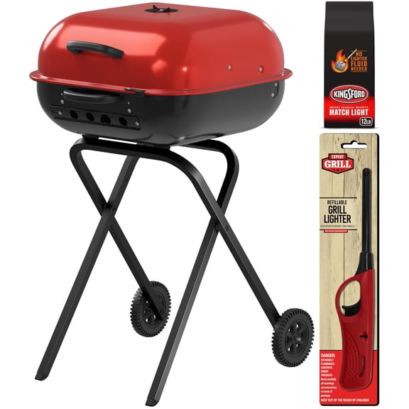 Americana Walk-A-Bout Portable Charcoal Grill with Wheels & Folding Legs, Red/Black, Bundle with Kingsford® 12 lb Instant Charcoal and Lighter