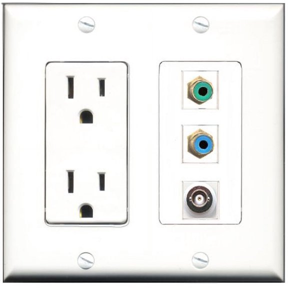 RiteAV - 15 Amp Power Outlet 1 Port RCA Green 1 Port RCA Blue 1 Port BNC Decorative Wall Plate