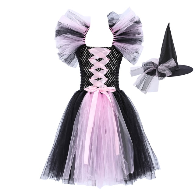 YOUSNH Halloween Tout-Petits Enfants Bébés Filles Magnifique Sorcière Robe Noire avec Chapeau Tutu Chic Déguisement Fête Tulle Robes Robes pour Filles C_002 6-7 Ans