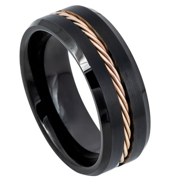 Custom Personalized Engraving Wedding Band Ring Set for Him & Her - 8mm Black IP Beveled Edge with Rose Gold IP Plated Rope Inlay