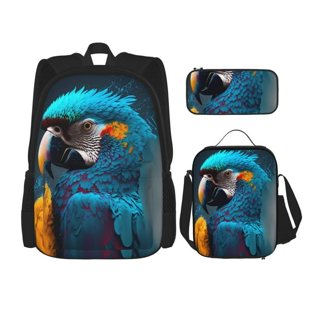 Balery Modern Style Blue Parrot Mochila Escolar 3 en 1 para Niños - Mochila Resistente con Lonchera Térmica y Estuche - Mochila Escolar para Niños y Niñas