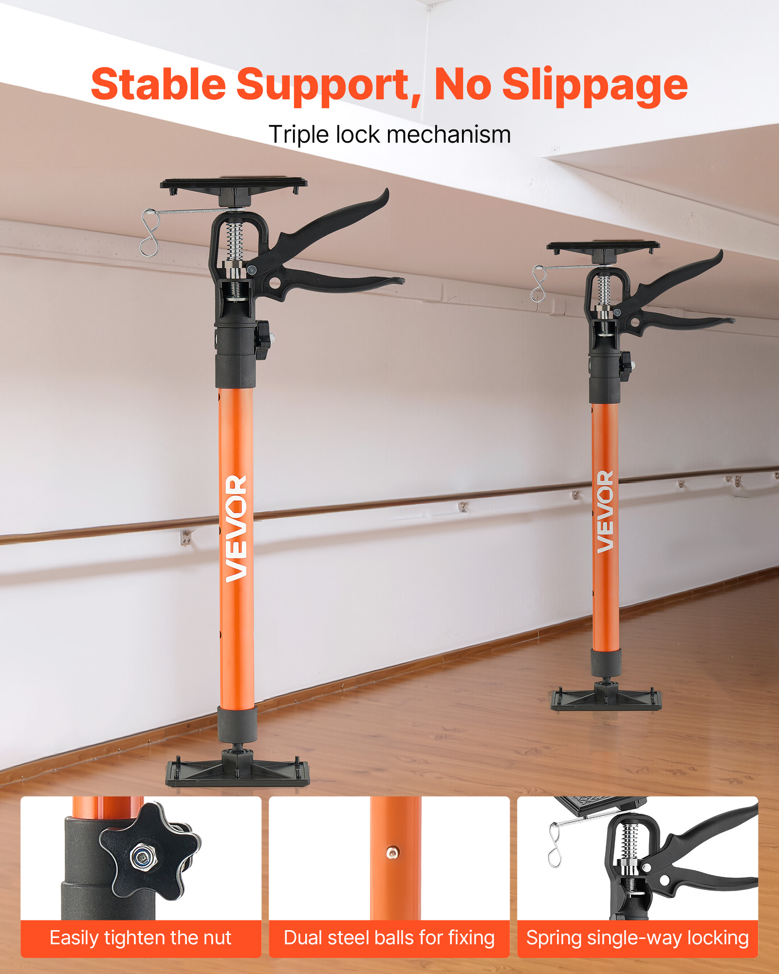 VEVOR Cabinet Jack Support Pole, 2-Pack, 21.3-60 Inch Steel Telescopic Quick Support Rod, Adjustable 3rd Hand System up to 154 lbs Capacity for Installing Cabinets, Lifting Drywall, Cargo Bars