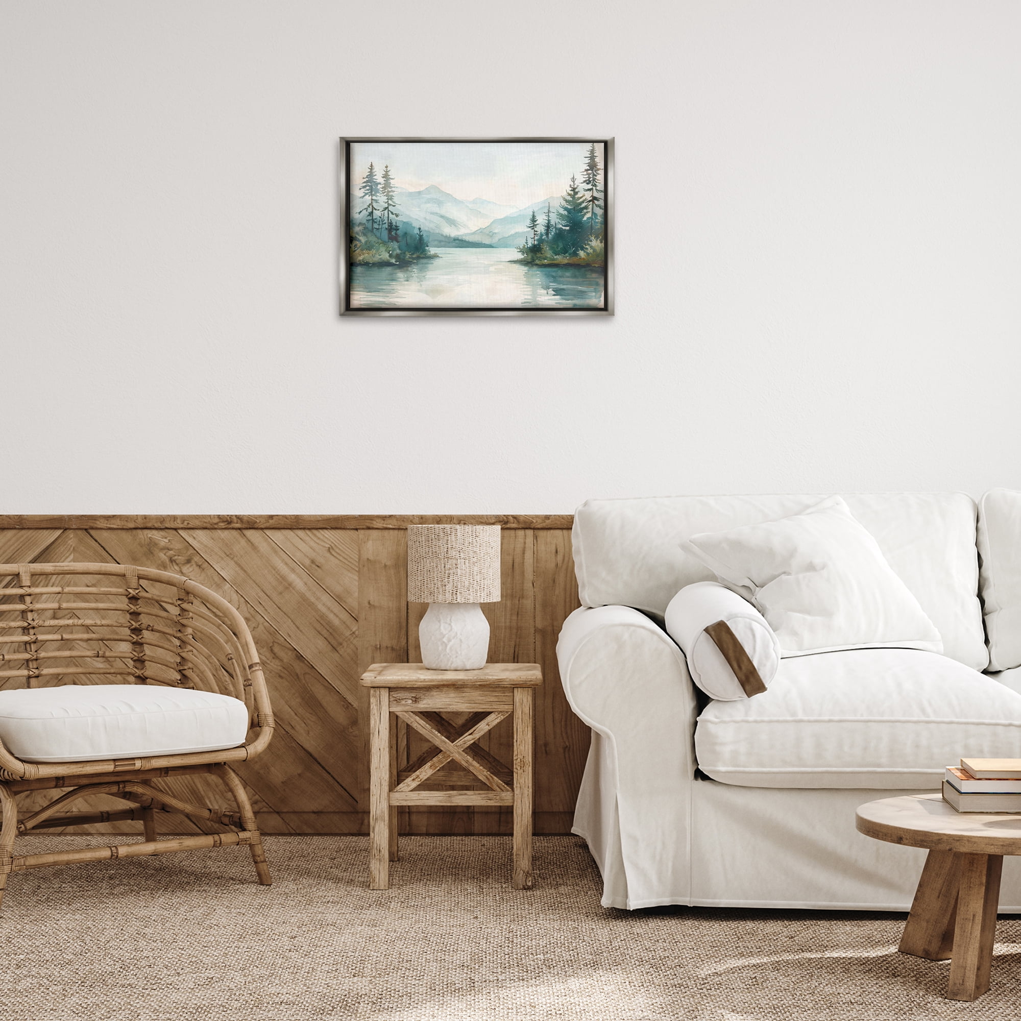 Stupell Industries Mountain Lake in Springtime Landscape & Nature Painting Gray Floater Framed Canvas Art Print Wall Art, 25 x 17