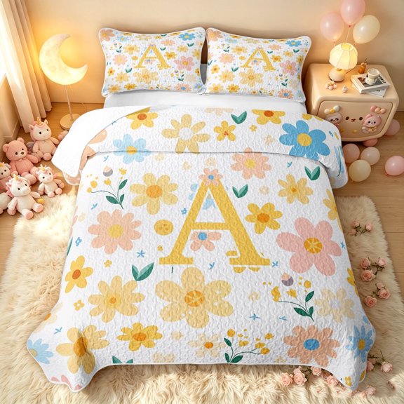 meiyoeat Floral Letter A Twin Quilt Set for Girls, Spring Daisy Groovy Twin Coverlet Set for Bedroom, Multicolor, 2pcs, 1 Comforter and 1 Pillowcase