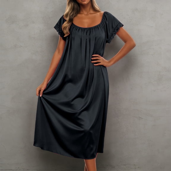 FASHOFT Long Silk Nightgown for Women Ruffle Sleeve Night Gown Victorian Full Length House Dress Satin Soft Solid Night Dress Ladies Sleepwear Black