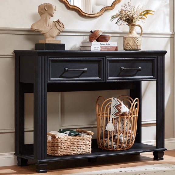 Buildhom 46" Farmhouse Console Table with 2 Drawers, Rustic Wood Sofa Table Behind Couch, Entryway Table with Open Shelf for Living Room, Black