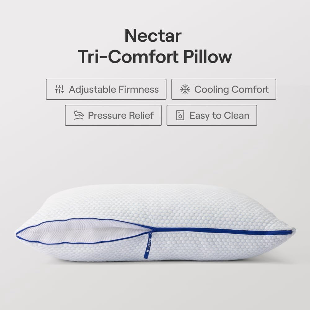 Nectar Tri-Comfort Cooling Pillow - Adjustable Support & Firmness - Cooling Cover - Pressure Relief - Helps Reduce Neck Pain - Premium Memory Foam & Microfiber Down Alternative