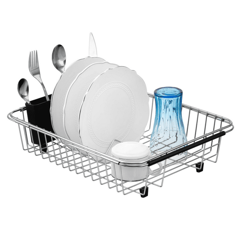 1pc Stainless Steel Kitchen Sink Drain Rack, Expandable Dish Drying Rack  With Utensil Holder