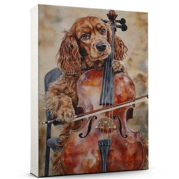 Sussex Spaniel Dog Stretched Canvas Size 8x12 – Cello Theme Dog Art for Wall, Sussex Spaniel Dog Playing Cello Wall Art, Dog Lover Canvas Decor