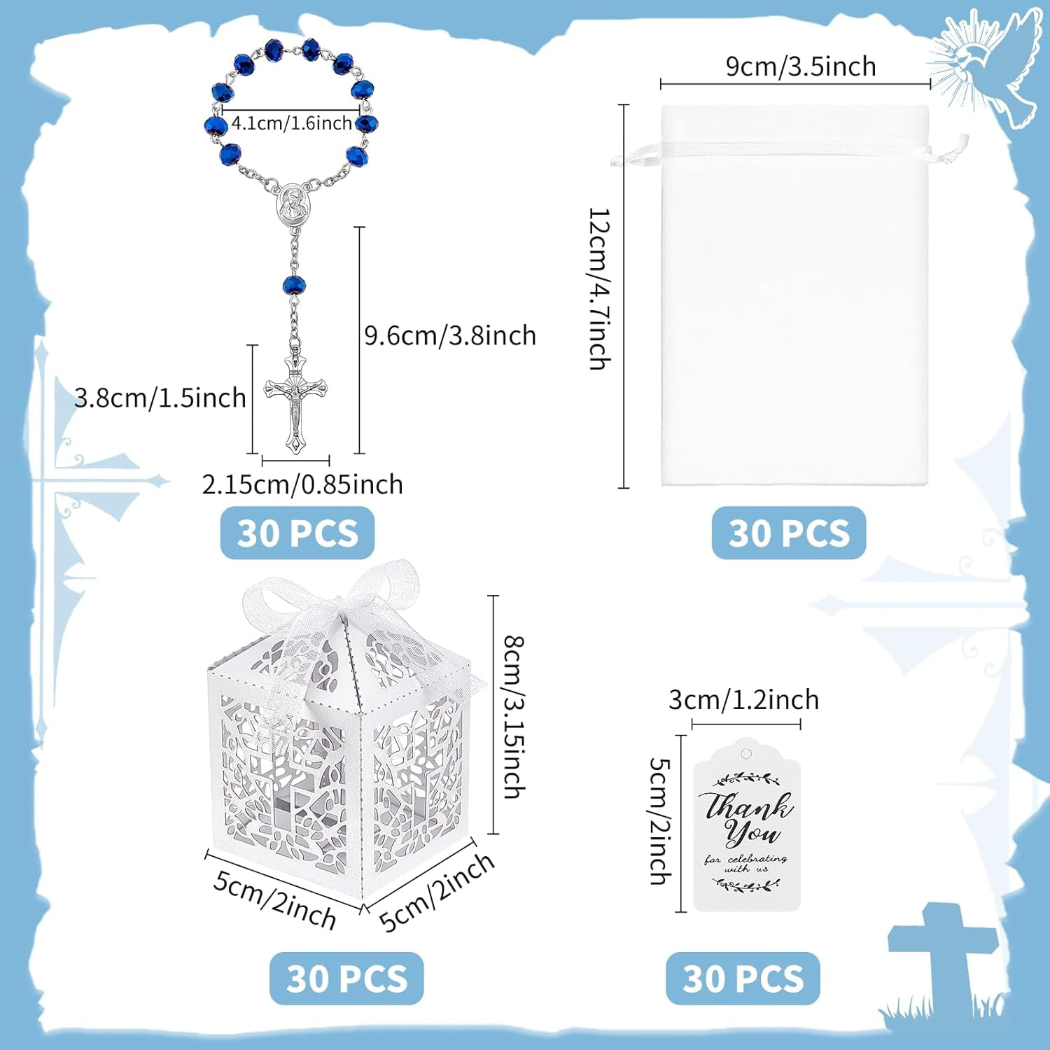 120PCS Baptism Favors Set Including 30 Mini Rosary Baptism Favors 30 Hollow Gift Boxes 30 Organza Bags 30 Thank You Tags Christening