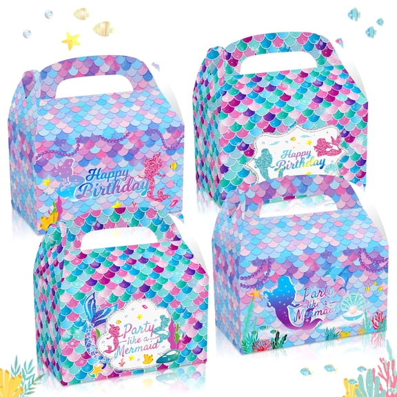 Shiny Mermaid Party Gift Box 12pcs - Glitter Fish Scale Double-sided Birthday/Party Slogan Design Ocean Theme Snack Gift Box Set